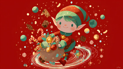 Cute Cartoon Christmas Elf Carrying Sack Full of Candy and Gifts on Festive Red Background with Snowflakes