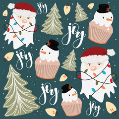 Whimsical seamless pattern with Christmas ghost Santas, snowman cupcakes, hand-drawn trees, light bulbs, and the word 