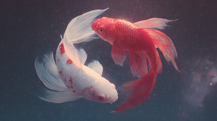 Two Koi Fish Symbolizing Yin and Yang Swimming Against Cosmic Galaxy Starry Night Background