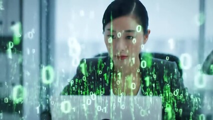 Young Asian Woman Engaged in Digital Work with Binary Code Overlay Illustrating Data Processing and Cybersecurity Concepts in a Modern Office Environment. - Powered by Adobe