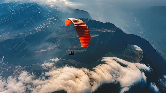 Paraglider soaring above rugged terrain aerial view