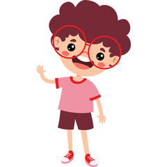 Cheerful Cartoon Boy With Curly Brown Hair Wearing Large Red Glasses And A Pink Shirt Waving Hello With A Happy Expression