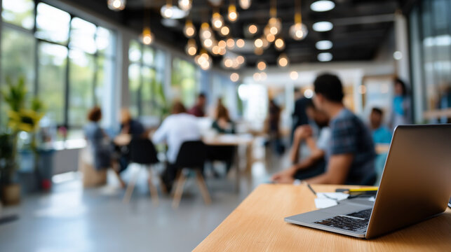 Defocused modern coworking space, faceless entrepreneurs brainstorming under soft daylight, startup growth and innovation theme, with copy space.