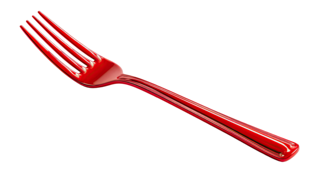 Red plastic fork with sleek tines and lightweight design, disposable tableware utensil isolated on white background