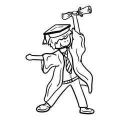 Isolated graduated boy jumps happily cartoon outline illustration