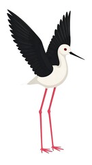 Cartoon-style wading bird with long, red legs and partially raised wings