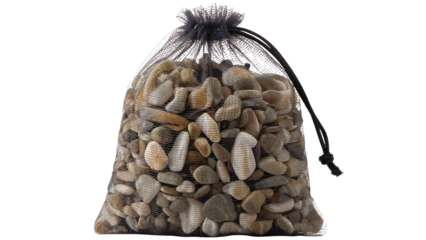 Bag of assorted natural river stones and pebbles for landscaping, garden design, and decorative projects, ready for use isolated on white or transparent png.