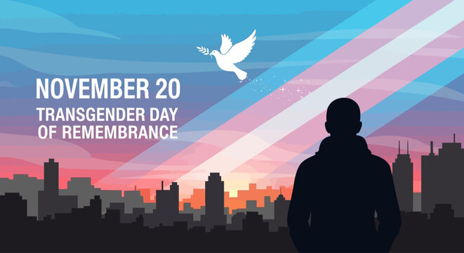 Remembering lives lost, Transgender Day of Remembrance on November 20th, honor and respect with silhouette against transgender flag colors and dove of peace in a city skyline - Powered by Adobe