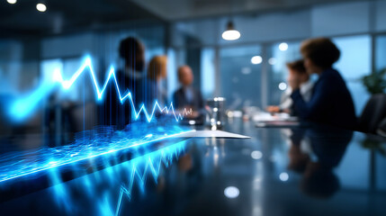 Defocused conference room with glowing blue line graphs projected onto glass, silhouettes of faceless people discussing business strategy, with copy space.