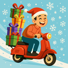 Santa Claus vector illustration riding a red motor scooter delivering Christmas gifts
