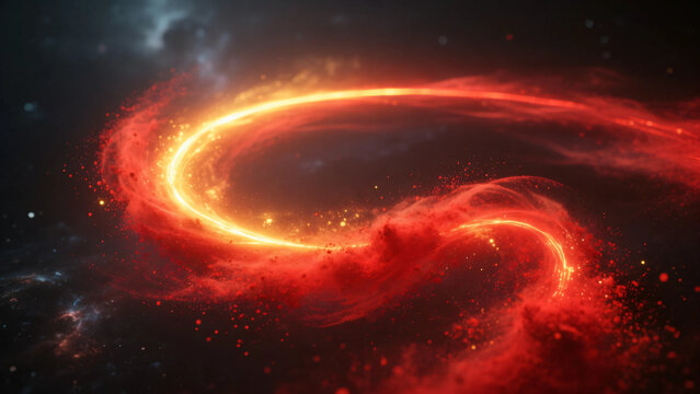 A curve of sparkling red light. Flame. Burning. Universe. Circle. Ray. Beam. Black background. Sparkle.    Line. Line.