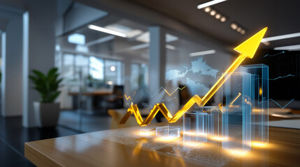 Softly blurred office space with glowing charts and arrows floating mid-air, representing opportunity and sustainable growth for 2026, with copy space.