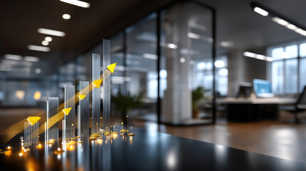 Obraz premium Softly blurred office space with glowing charts and arrows floating mid-air, representing opportunity and sustainable growth for 2026, with copy space.