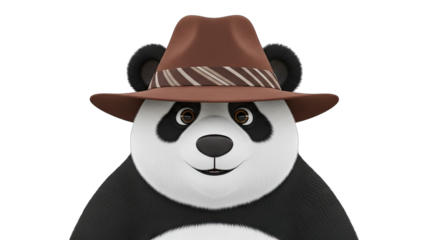 A Friendly Panda Wearing A Brown Fedora Hat With Striped Band Stands Against A Transparent Background Showing Its Black And White Fur