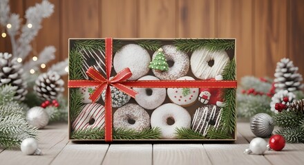 A box of christmas donuts decorated with red ribbon and pine needles on a wooden table setting