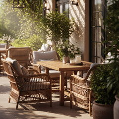 Fototapeta premium Outdoor dining area with wicker chairs and wooden table.