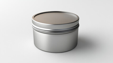 Silver metal tin with lid on a white surface, product packaging concept. metallic container is perfect for storing various items, from cosmetics to small household goods.