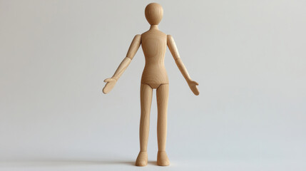 Wooden artist mannequin with arms outstretched against a neutral background. wooden figure is perfect for artists, designers, and anyone needing a poseable model.