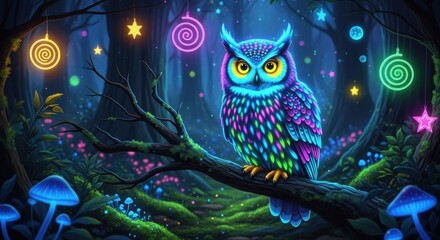 Obraz premium A vibrant, colorful owl perched on a branch in a mystical, starry forest with glowing orbs and mushrooms.
