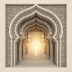 Intricate Islamic Arch Design with Geometric Patterns, Lanterns, and Golden Light Shining Through an Elegant Architectural Structure