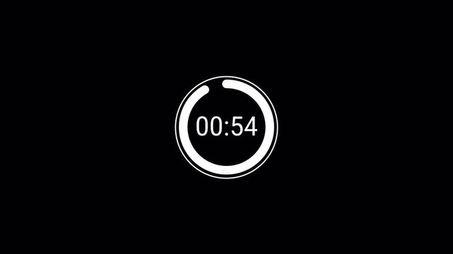 One minute countdown animation with transparent background, countdown timer from 60 seconds to 0 seconds, One minute countdown timer with alpha channel in 4k.	