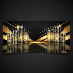 Eid Mubarak Greetings Banner with Golden Ornate Lanterns and Abstract Geometric Patterns for Festive Celebration and Cultural Designs with Reflection