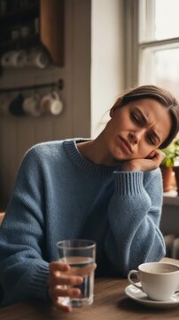 Woman with sensitive teeth feels sharp pain while drinking water. She is sitting at a table in her kitchen, touching her jaw in discomfort. Concept of dental health problems