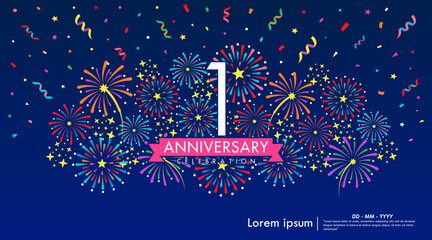 1st year anniversary celebration emblem. anniversary logo isolated with colorful stars and fireworks twinkle, sparkle and ribbon. vector illustration template design for web	
