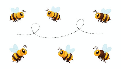 Six cartoon bees flying with dotted flight paths, showcasing movement and activity.