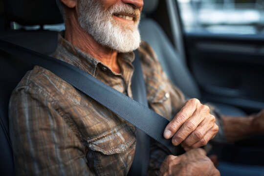 Close Up of Elderly Driver Buckling Up for Safety