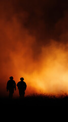 Fototapeta premium Silhouette firefighters wildfire smoke night emergency blaze teamwork heat danger