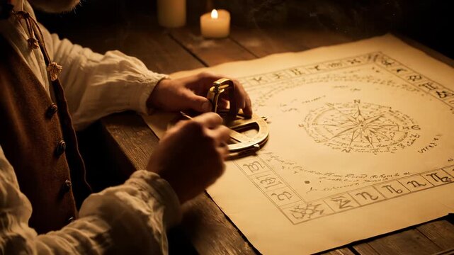 sextant and instrument rest on map on table. hand holds instrument near candle. parchment chart displays compass rose and navigation lines. antique tool lies beside map. brass patina on instrument.