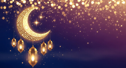 Ramadan mubarak islamic festival celebration greeting background with crescent moon lantern bokeh lights decoration vector illustration