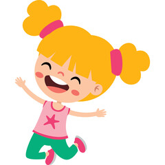 Cheerful Cartoon Young Girl With Blonde Pigtails Wearing Pink Tank Top Teal Pants And Pink Shoes Jumping With Joy Isolated On White Background