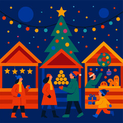 Vector cartoon Christmas and New Year greeting card design with snow, tree, and holiday decoration