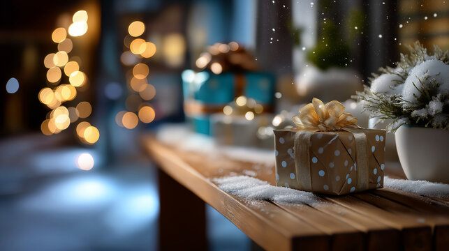 Defocused winter porch scene with gifts partially visible in bokeh, snow sparkle and warm tones suggesting festive night, with copy space.
