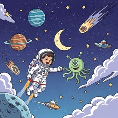 Fototapeta premium Astronaut exploring space with alien and planets against starry night sky