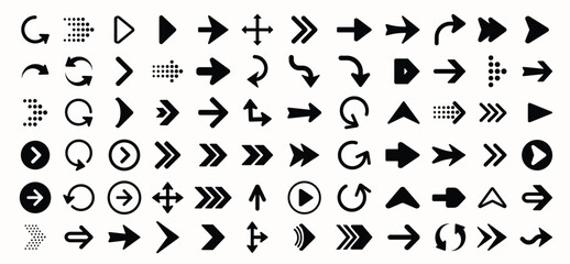Directional arrow icons in various styles and orientations. Arrow direction sign vector collection. Straight, curved, circular, and dashed arrows, Cursors for UI UX design Play, right, swipe button