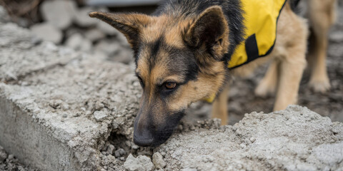 Search dog german shepherd yellow vest rubble rescue debris sniffing working focus alert canine