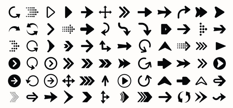 Directional arrow icons in various styles and orientations. Arrow direction sign vector collection. Straight, curved, circular, and dashed arrows, Cursors for UI UX design Play, right, swipe button