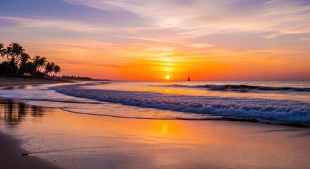A beautiful sunset over a tropical beach with palm trees and a sailboat.