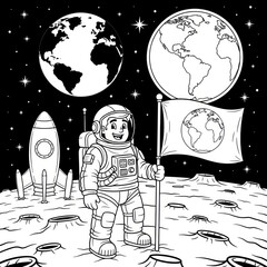 Astronaut on moon with earth flag and rocket in black and white space illustration
