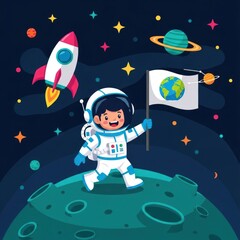 Astronaut on planet with rocket and earth flag illustration in space
