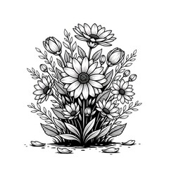 Black and white floral arrangement daisies and leaves on a white background