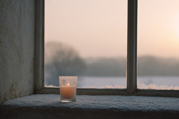 window adorned with frost patterns captures warmth of solitary flame from candle