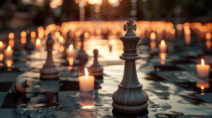 A beautifully arranged chess set positioned in shimmering waters, adorned with glowing candles at sunset, embodying a serene balance between elegance and strategy in enchanting surroundings.
