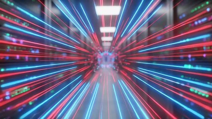 Abstract digital tunnel with red light streaks and glowing server racks in a data center video - Powered by Adobe