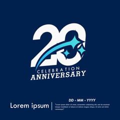 20th years anniversary celebration emblem. anniversary logo with sparkle stars on blue background. vector illustration template design for web banner