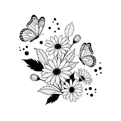 Black and white floral illustration with butterflies for decorative purposes