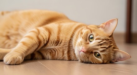 Ginger tabby cat lying down on the floor looking at camera.